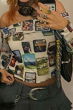 Y2K Stamp Print Off Shoulder Tee - Coquette Aesthetic Grunge Style Cute Tops Pastel Goth Cargo Skirt