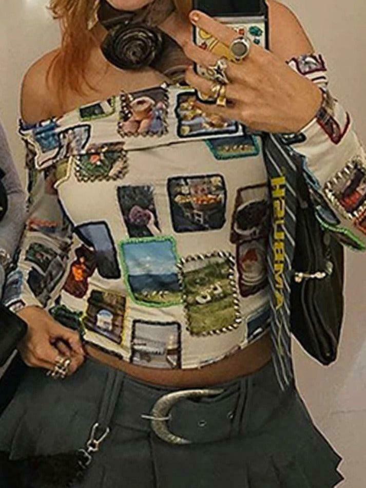 Y2K Stamp Print Off Shoulder Tee - Coquette Aesthetic Grunge Style Cute Tops Pastel Goth Cargo Skirt