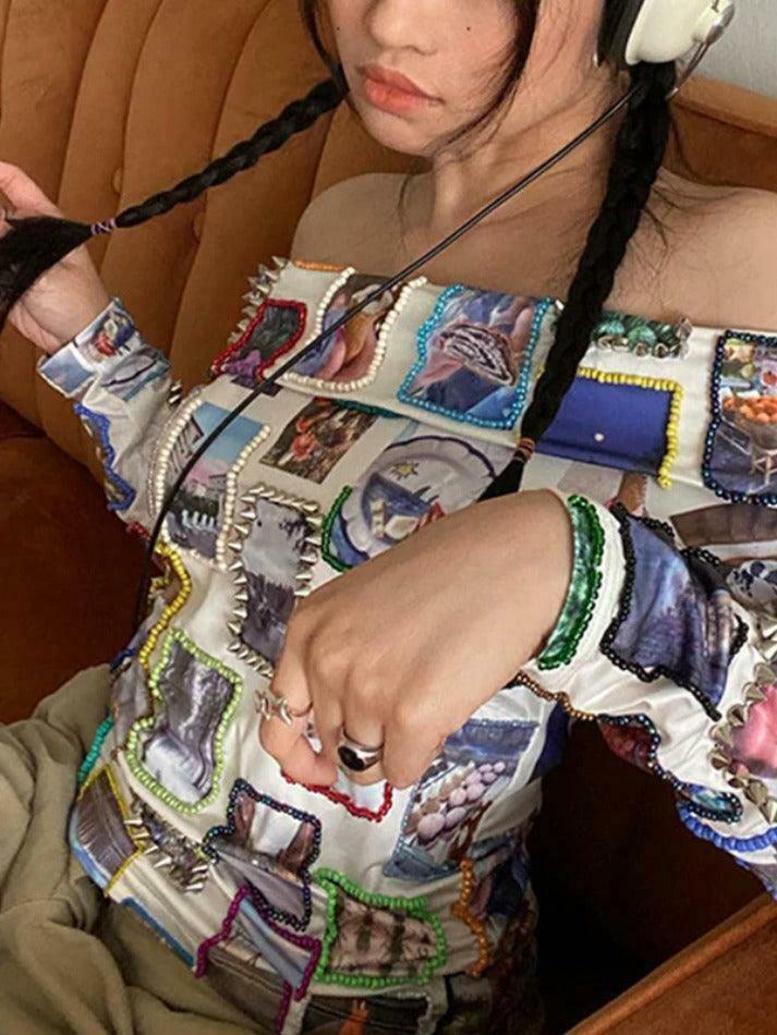 Y2K Stamp Print Off Shoulder Tee - Coquette Aesthetic Grunge Style Cute Tops Pastel Goth Cargo Skirt