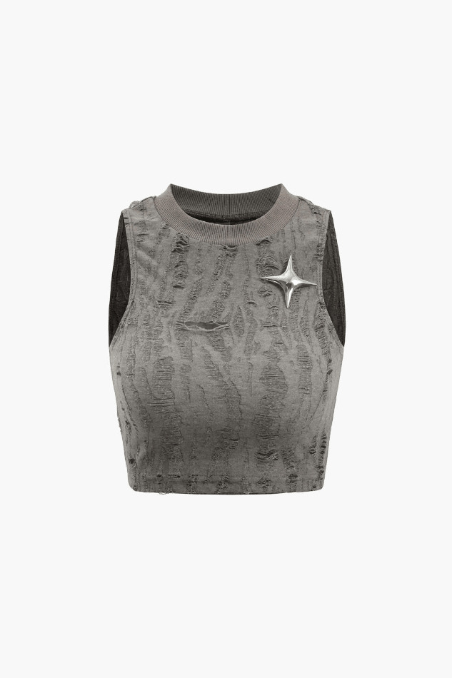 Y2K Star Decor Destroyed Tank Top - Coquette Aesthetic Grunge Style Cute Tops Pastel Goth Fashion Y2K Star Decor Destroyed Tank Top - Coquette Aesthetic Grunge Style Cute Tops Pastel Goth Fashion