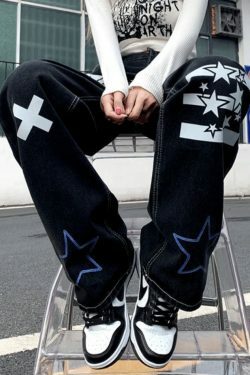 Y2K Star Graphic Cargo Jeans - Coquette Aesthetic Grunge Style - Cute Tops & Pastel Goth Fashion