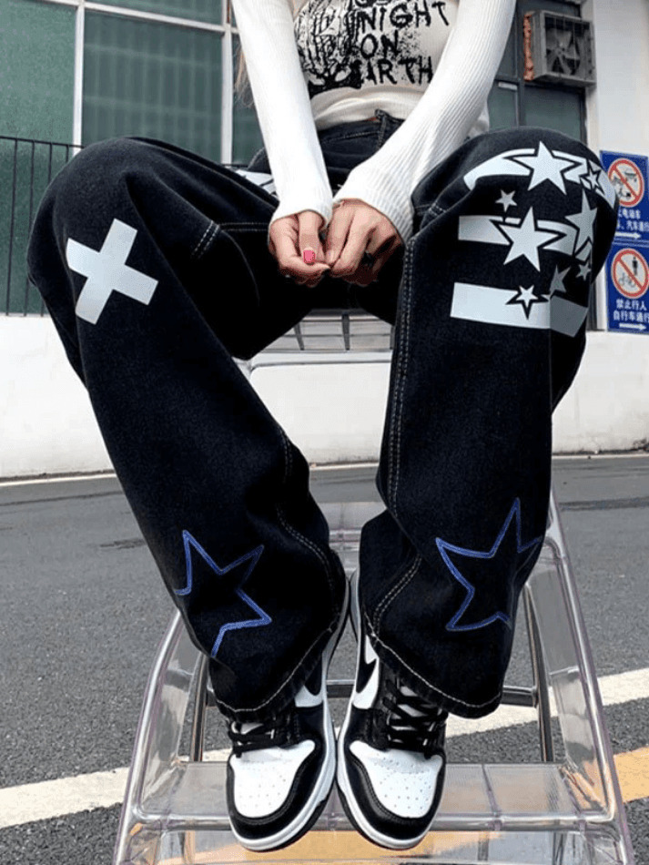 Y2K Star Graphic Cargo Jeans - Coquette Aesthetic Grunge Style - Cute Tops & Pastel Goth Fashion Y2K Star Graphic Cargo Jeans - Coquette Aesthetic Grunge Style - Cute Tops & Pastel Goth Fashion