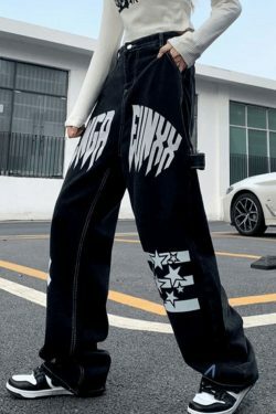 Y2K Star Graphic Cargo Jeans - Coquette Aesthetic Grunge Style - Cute Tops & Pastel Goth Fashion