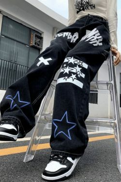 Y2K Star Graphic Cargo Jeans - Coquette Aesthetic Grunge Style - Cute Tops & Pastel Goth Fashion