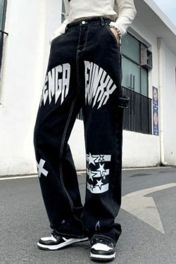 Y2K Star Graphic Cargo Jeans - Coquette Aesthetic Grunge Style - Cute Tops & Pastel Goth Fashion