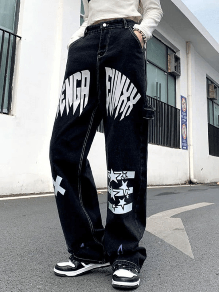 Y2K Star Graphic Cargo Jeans - Coquette Aesthetic Grunge Style - Cute Tops & Pastel Goth Fashion Y2K Star Graphic Cargo Jeans - Coquette Aesthetic Grunge Style - Cute Tops & Pastel Goth Fashion