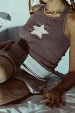Y2K Star Patch Crop Ribbed Tank Top - Coquette Aesthetic Grunge Style Cute Tops & Cargo Skirt