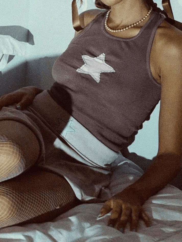 Y2K Star Patch Crop Ribbed Tank Top - Coquette Aesthetic Grunge Style Cute Tops & Cargo Skirt Y2K Star Patch Crop Ribbed Tank Top - Coquette Aesthetic Grunge Style Cute Tops & Cargo Skirt