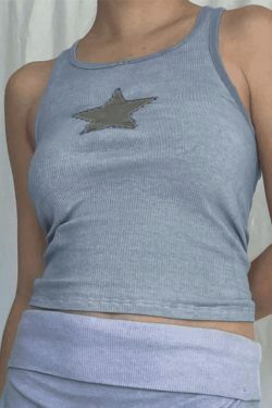 Y2K Star Patch Crop Ribbed Tank Top - Coquette Aesthetic Grunge Style Cute Tops & Cargo Skirt