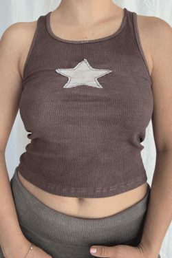 Y2K Star Patch Crop Ribbed Tank Top - Coquette Aesthetic Grunge Style Cute Tops & Cargo Skirt