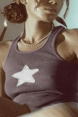 Y2K Star Patch Crop Ribbed Tank Top - Coquette Aesthetic Grunge Style Cute Tops & Cargo Skirt