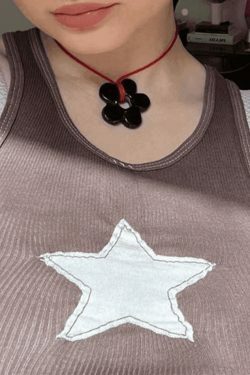 Y2K Star Patch Crop Ribbed Tank Top - Coquette Aesthetic Grunge Style Cute Tops & Cargo Skirt