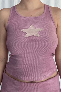 Y2K Star Patch Crop Ribbed Tank Top - Coquette Aesthetic Grunge Style Cute Tops & Cargo Skirt