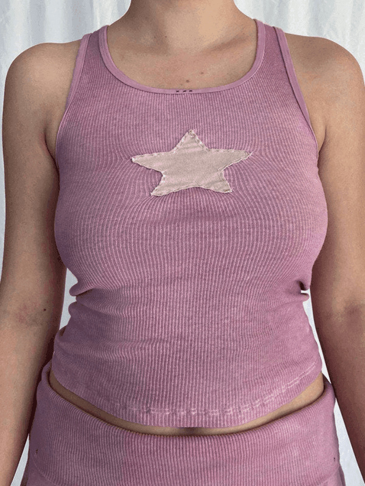 Y2K Star Patch Crop Ribbed Tank Top - Coquette Aesthetic Grunge Style Cute Tops & Cargo Skirt Y2K Star Patch Crop Ribbed Tank Top - Coquette Aesthetic Grunge Style Cute Tops & Cargo Skirt