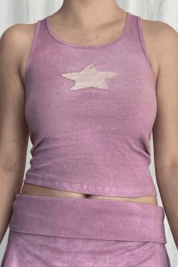 Y2K Star Patch Crop Ribbed Tank Top - Coquette Aesthetic Grunge Style Cute Tops & Cargo Skirt