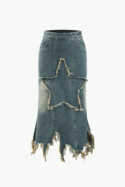 Y2K Star Patchwork Frayed Denim Skirt - Coquette Aesthetic Grunge Style - Cute Tops & Cargo Skirt