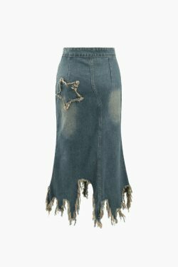 Y2K Star Patchwork Frayed Denim Skirt - Coquette Aesthetic Grunge Style - Cute Tops & Cargo Skirt