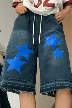 Y2K Star Print Cropped Denim Shorts - Coquette Aesthetic Grunge Style for Women