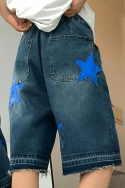 Y2K Star Print Cropped Denim Shorts - Coquette Aesthetic Grunge Style for Women