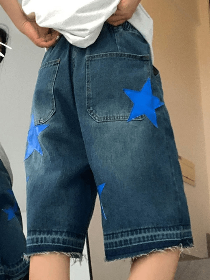 Y2K Star Print Cropped Denim Shorts - Coquette Aesthetic Grunge Style for Women Y2K Star Print Cropped Denim Shorts - Coquette Aesthetic Grunge Style for Women