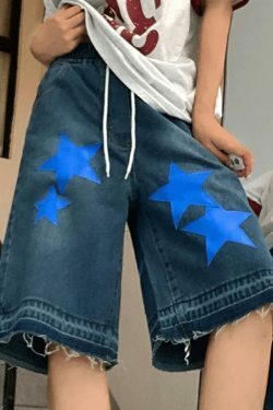 Y2K Star Print Cropped Denim Shorts - Coquette Aesthetic Grunge Style for Women