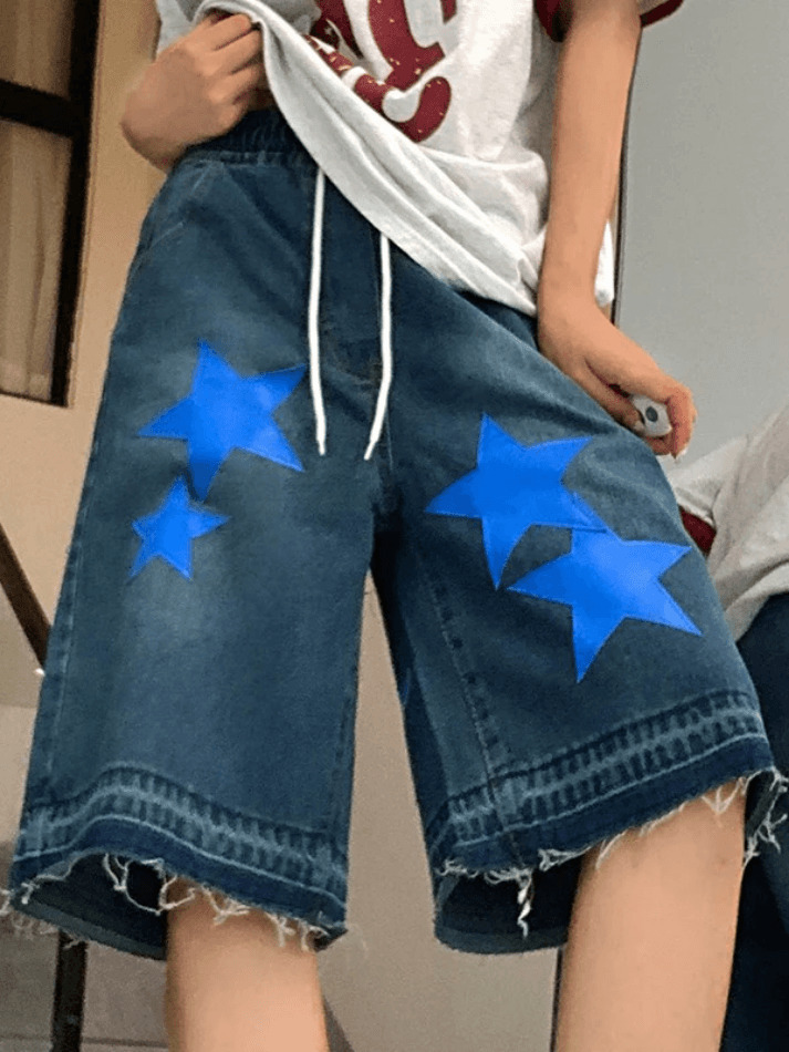 Y2K Star Print Cropped Denim Shorts - Coquette Aesthetic Grunge Style for Women Y2K Star Print Cropped Denim Shorts - Coquette Aesthetic Grunge Style for Women