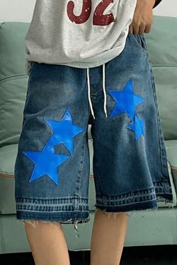 Y2K Star Print Cropped Denim Shorts - Coquette Aesthetic Grunge Style for Women