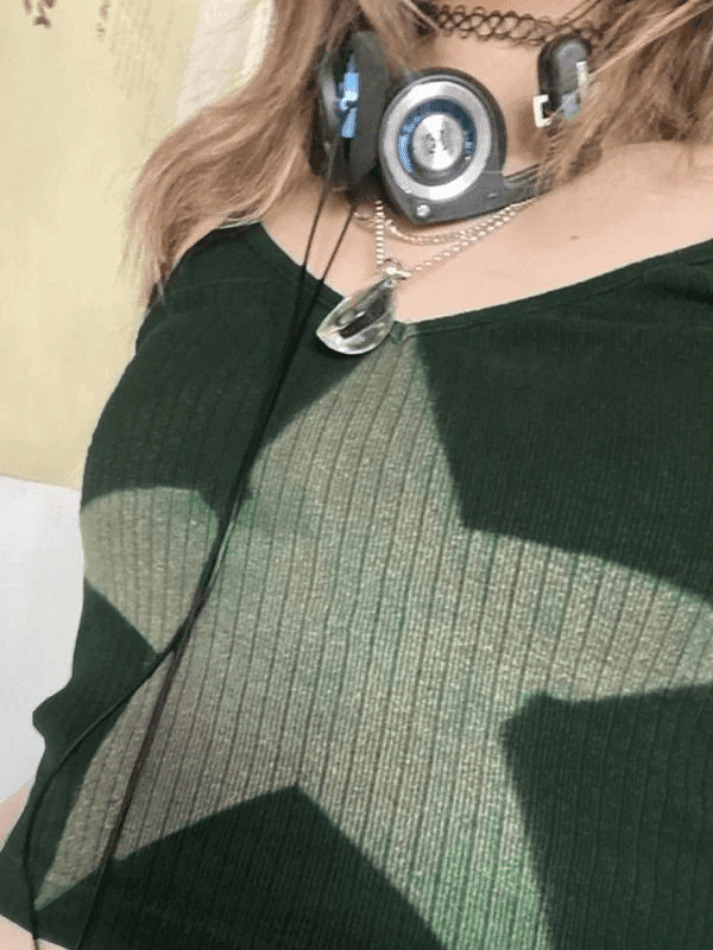 Y2K Star Print Knitted Crop Cami Top - Coquette Aesthetic Grunge Style - Cute Pastel Goth Fashion