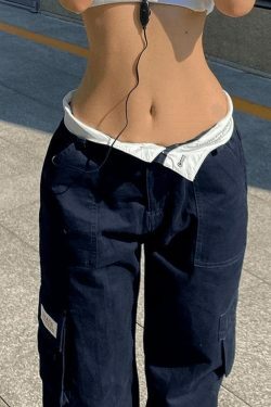 Y2K Straight Leg Pants with Fold Over Waist - Coquette Aesthetic Cargo Skirt for Women