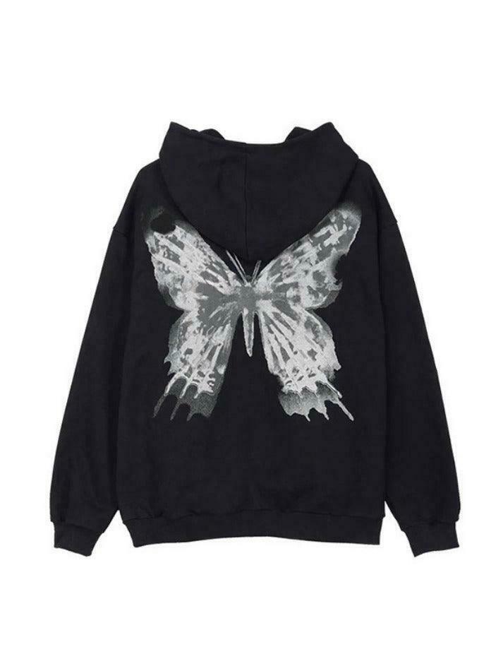Y2K Street Butterfly Print Zip Up Oversized Hoodie Y2K Street Butterfly Print Zip Up Oversized Hoodie