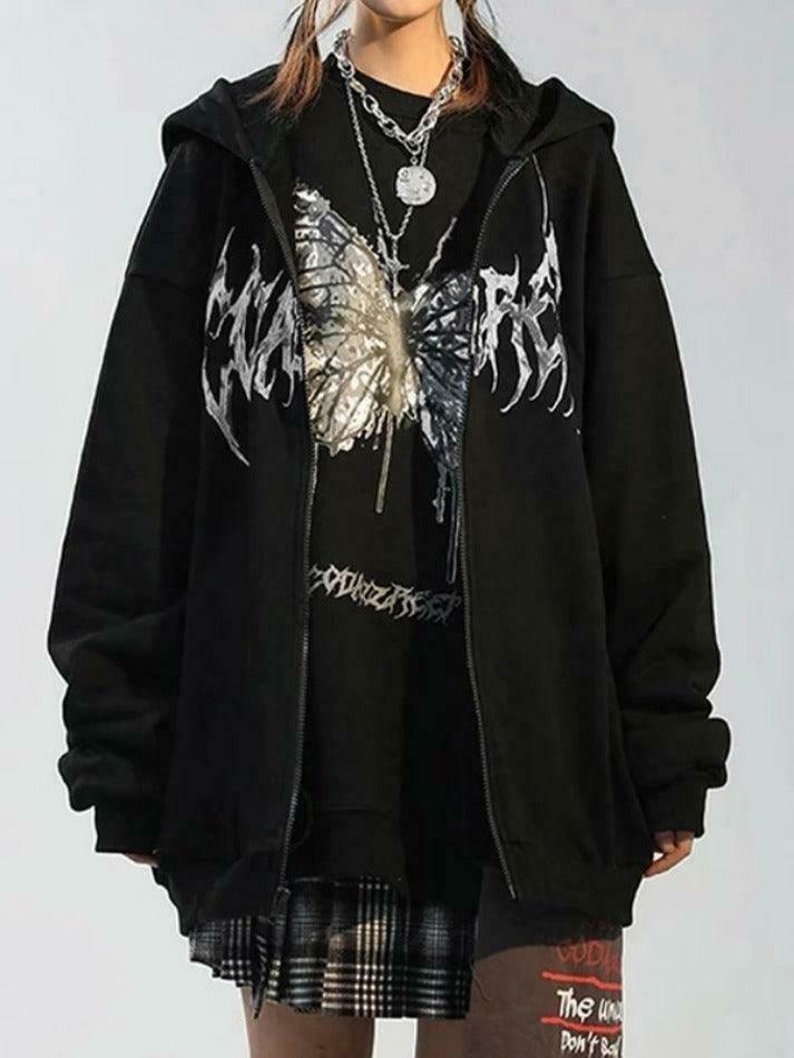 Y2K Street Butterfly Print Zip Up Oversized Hoodie Y2K Street Butterfly Print Zip Up Oversized Hoodie