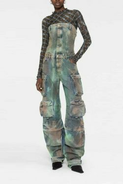 Y2K Street Cargo Jumpsuit with Mid-Waist Tie-Dye Effect - Coquette Aesthetic Grunge Style for Women