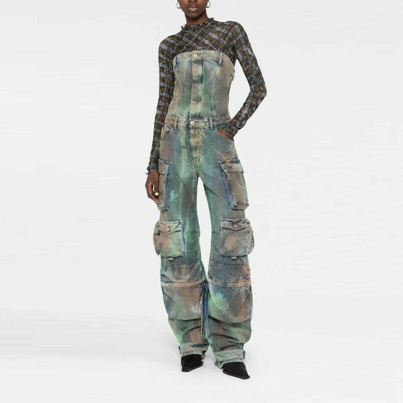 Y2K Street Cargo Jumpsuit with Mid-Waist Tie-Dye Effect - Coquette Aesthetic Grunge Style for Women Y2K Street Cargo Jumpsuit with Mid-Waist Tie-Dye Effect - Coquette Aesthetic Grunge Style for Women