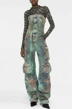 Y2K Street Cargo Jumpsuit with Mid-Waist Tie-Dye Effect - Coquette Aesthetic Grunge Style for Women