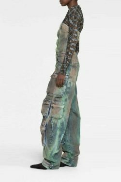 Y2K Street Cargo Jumpsuit with Mid-Waist Tie-Dye Effect - Coquette Aesthetic Grunge Style for Women