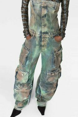 Y2K Street Cargo Jumpsuit with Mid-Waist Tie-Dye Effect - Coquette Aesthetic Grunge Style for Women