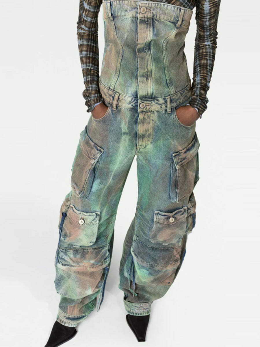 Y2K Street Cargo Jumpsuit with Mid-Waist Tie-Dye Effect - Coquette Aesthetic Grunge Style for Women Y2K Street Cargo Jumpsuit with Mid-Waist Tie-Dye Effect - Coquette Aesthetic Grunge Style for Women