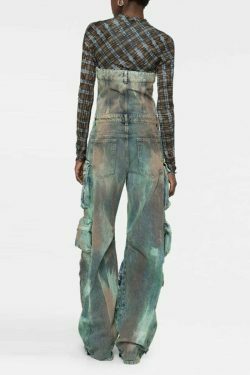Y2K Street Cargo Jumpsuit with Mid-Waist Tie-Dye Effect - Coquette Aesthetic Grunge Style for Women