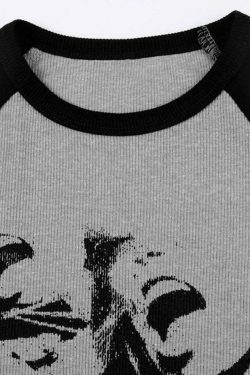 Y2K Street Portrait Print Raglan Ribbed Long Sleeve Knit - Coquette Aesthetic Grunge Style
