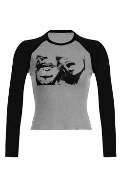 Y2K Street Portrait Print Raglan Ribbed Long Sleeve Knit - Coquette Aesthetic Grunge Style