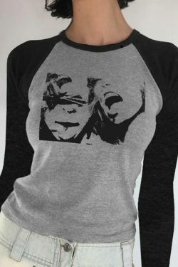 Y2K Street Portrait Print Raglan Ribbed Long Sleeve Knit - Coquette Aesthetic Grunge Style