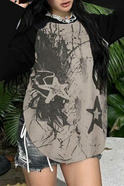 Y2K Street Star Print Raglan Oversized Long Sleeve Tee - Coquette Aesthetic Grunge Style