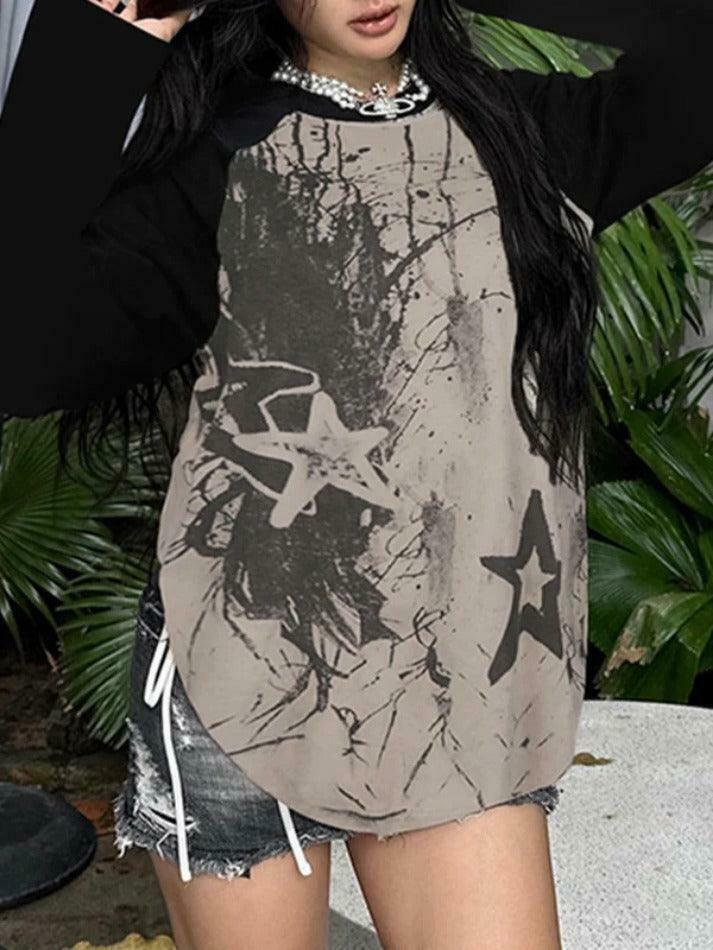 Y2K Street Star Print Raglan Oversized Long Sleeve Tee - Coquette Aesthetic Grunge Style Y2K Street Star Print Raglan Oversized Long Sleeve Tee - Coquette Aesthetic Grunge Style