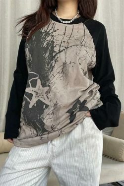 Y2K Street Star Print Raglan Oversized Long Sleeve Tee - Coquette Aesthetic Grunge Style