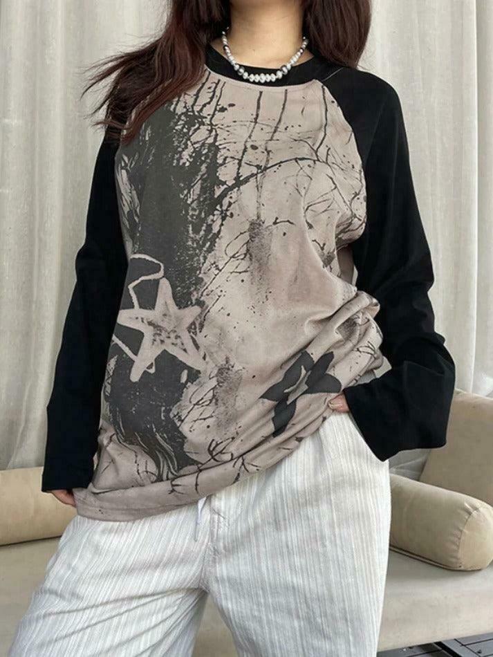 Y2K Street Star Print Raglan Oversized Long Sleeve Tee - Coquette Aesthetic Grunge Style Y2K Street Star Print Raglan Oversized Long Sleeve Tee - Coquette Aesthetic Grunge Style