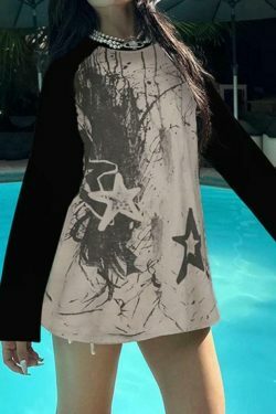 Y2K Street Star Print Raglan Oversized Long Sleeve Tee - Coquette Aesthetic Grunge Style