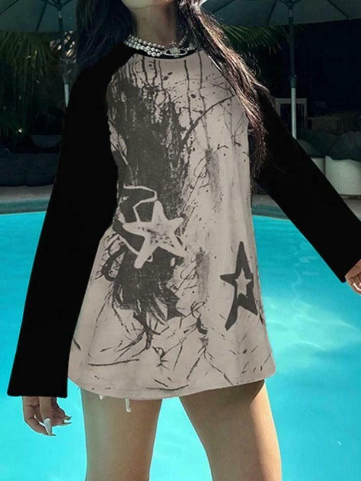 Y2K Street Star Print Raglan Oversized Long Sleeve Tee - Coquette Aesthetic Grunge Style Y2K Street Star Print Raglan Oversized Long Sleeve Tee - Coquette Aesthetic Grunge Style