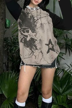 Y2K Street Star Print Raglan Oversized Long Sleeve Tee - Coquette Aesthetic Grunge Style