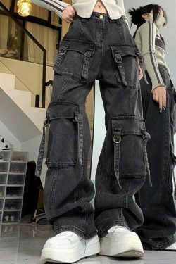 Y2K Street Style Multi-Pocket High Rise Cargo Jeans
