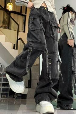 Y2K Street Style Multi-Pocket High Rise Cargo Jeans